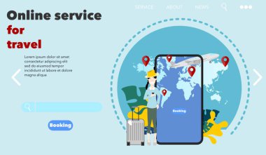 Seyahat için internet hizmeti. Akıllı telefonuyla gezi ayarlayan bir kadın. Web sitesi için vektör illüstrasyon tasarımı.