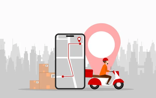 Mann Fährt Lieferroller Mit Smartphone Ortungstechnologie Vektor Illustration Flaches Design — Stockvektor