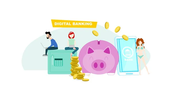 Dijital Bankacılık Konsepti Online Bankacılık Nsanlar Tüm Faaliyetlerindeki Finansmanlarını Çevrimiçi — Stok Vektör