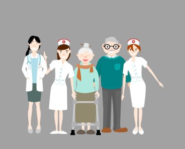 Doktorlar ve hemşireler yaşlılarla ilgileniyor. Yaşlı toplum konsepti. Düz tasarım vektör çizimi