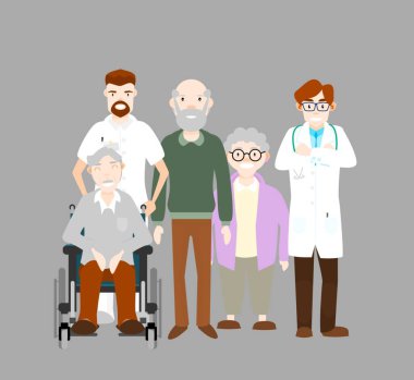 Doktorlar ve hemşireler yaşlılarla ilgileniyor. Yaşlı toplum konsepti sağlık ve sağlık. Düz tasarım vektör çizimi