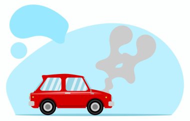 Kırmızı eski araba bozuldu ve duman yükseliyor. Düz tasarım vektör çizimi