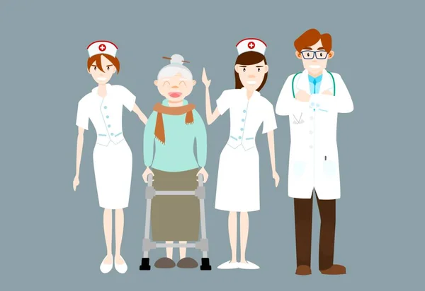 Médico Enfermera Están Cuidando Abuela Que Está Aprendiendo Caminar Con — Archivo Imágenes Vectoriales