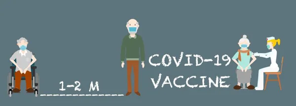 Пожилые Люди Находятся Одном Двух Метрах Вакцины Covid Векторная Иллюстрация — стоковый вектор