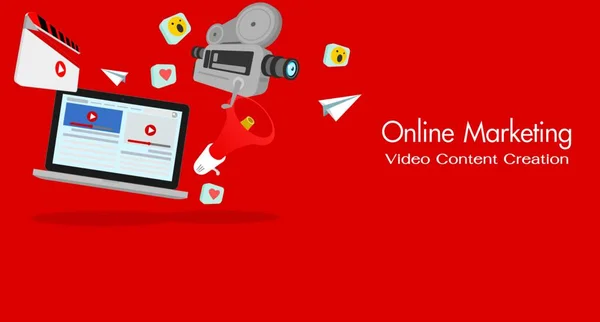 Marketing Online Creación Contenido Vídeo Ilustración Vectorial Publicidad Línea Objetos — Archivo Imágenes Vectoriales