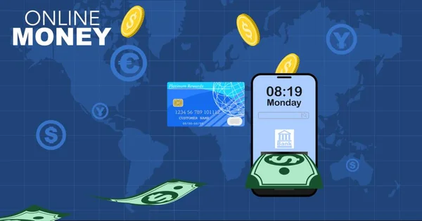 Online Geld Das Konzept Die Finanzen Mit Einem Online System — Stockvektor