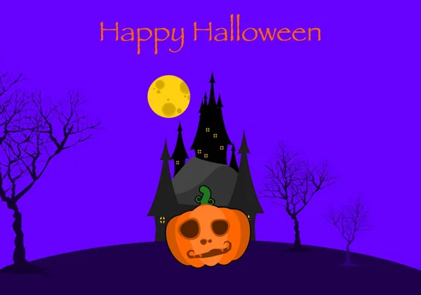 Happy Halloween Pumpkin Devil Front Castle Full Moon Night Flat — Stock Vector