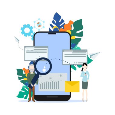 Veri analizi Bilgiye ulaşmak için akıllı telefon uygulamaları kullanma kavramı. Editör tasarımı. Vektör illüstrasyonu.