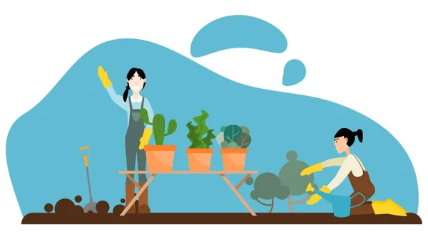 Machen Sie Einen Garten Urlaub Junge Frauen Helfen Urlaub Bei — Stockvektor