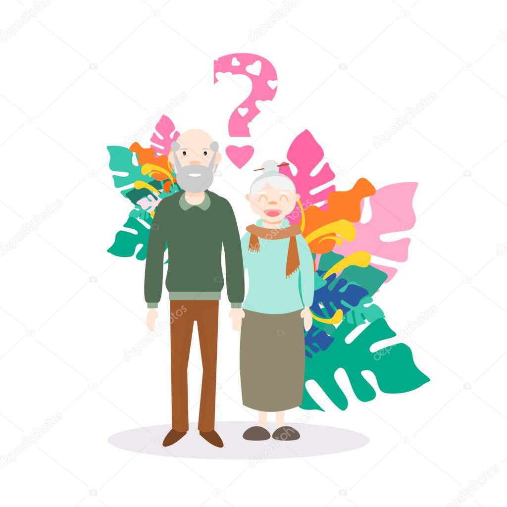 Elderly couple love story question. Flat design vector illustration. Symbol of lasting true love.