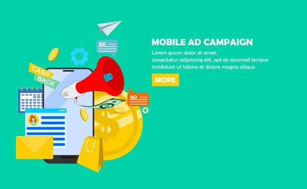 Мобильная Рекламная Кампания Мегафон Мобильного Маркетинга Мобильном Экране Концепт Вектор — стоковый вектор