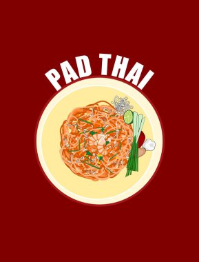 Pad Thai yemeği. Tayland sokak yemeği. Vektör tasarımı. Grafik Elementleri