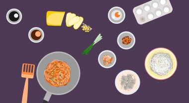 Pişirme Pad Thai vektör çizimi üst görünümü.