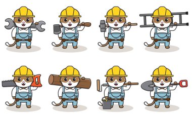 Cat 'in büyük aletleri olan bir tamirci olduğu sevimli bir karikatür. Karakter hayvanı. Çizgi film ustası aletlerle. Çocuk çizimi.