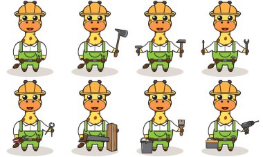 Şirin ve komik çizgi film zürafası elinden her iş geliyor. Karakter hayvanı. Çizgi film ustası aletlerle. Çocuk çizimi.