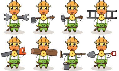 Zürafa 'nın büyük aletlerle becerikli olduğu sevimli bir karikatür. Karakter hayvanı. Çizgi film ustası aletlerle. Çocuk çizimi.