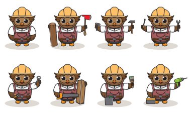 Baykuş 'un elinden her iş geldiği hoş bir karikatür. Karakter hayvanı. Çizgi film ustası aletlerle. Çocuk çizimi.