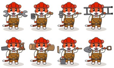 Tiger 'ın büyük aletleri olan bir tamirci olduğu sevimli bir karikatür. Karakter hayvanı. Çizgi film ustası aletlerle. Çocuk çizimi.