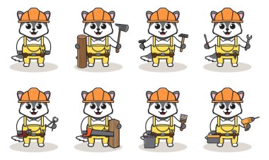 Wolf 'un elinden her iş geldiği hoş bir karikatür. Karakter hayvanı. Çizgi film ustası aletlerle. Çocuk çizimi.