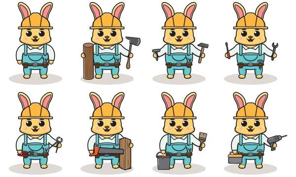 Симпатичная Карикатура Кролика Разнорабочего Животное Характером Cartoon Style Handyman Tools — стоковый вектор