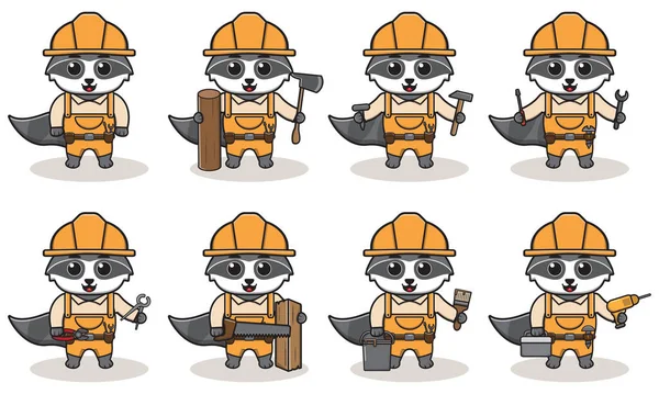 Cute Cartoon Raccoon Being Handyman Character Animal Cartoon Style Handyman — Stock Vector