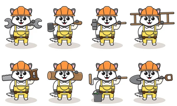 Netter Cartoon Von Wolf Der Ein Handwerker Mit Großen Werkzeugen — Stockvektor