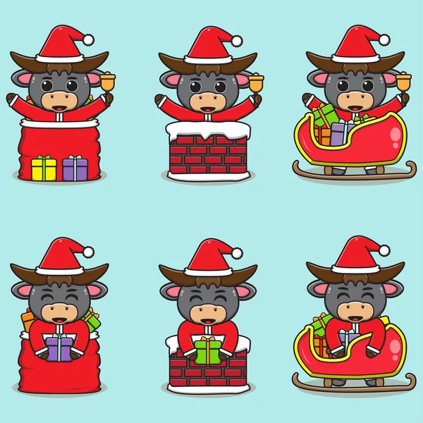 Vector Illustration Cute Buffalo Santa Mascot Character Christmas Design Element — Stock Vector