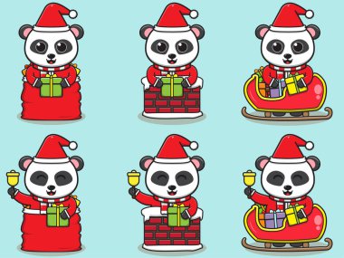 Şirin Panda Noel Baba maskotu veya karakterinin vektör çizimi. Noel tasarım unsuru. Açık mavi arkaplanda izole edilmiş vektör illüstrasyonu