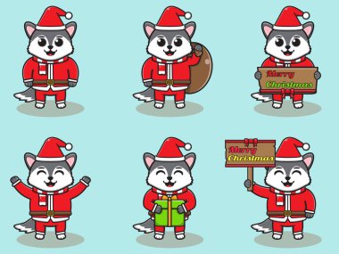 Şirin Kurt Noel Baba maskotu veya karakterinin vektör çizimi. Noel tasarım unsuru. Açık mavi arkaplanda izole edilmiş vektör illüstrasyonu