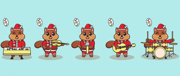 Vector Illustration Cute Squirrel Santa Claus Play Musical Instrument Good — Stock Vector