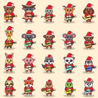 Gitar çalan sevimli hayvan Noel Baba 'nın temsilcisi. Noel tasarım unsuru. Simge, etiket, etiket, tıklama için iyi.