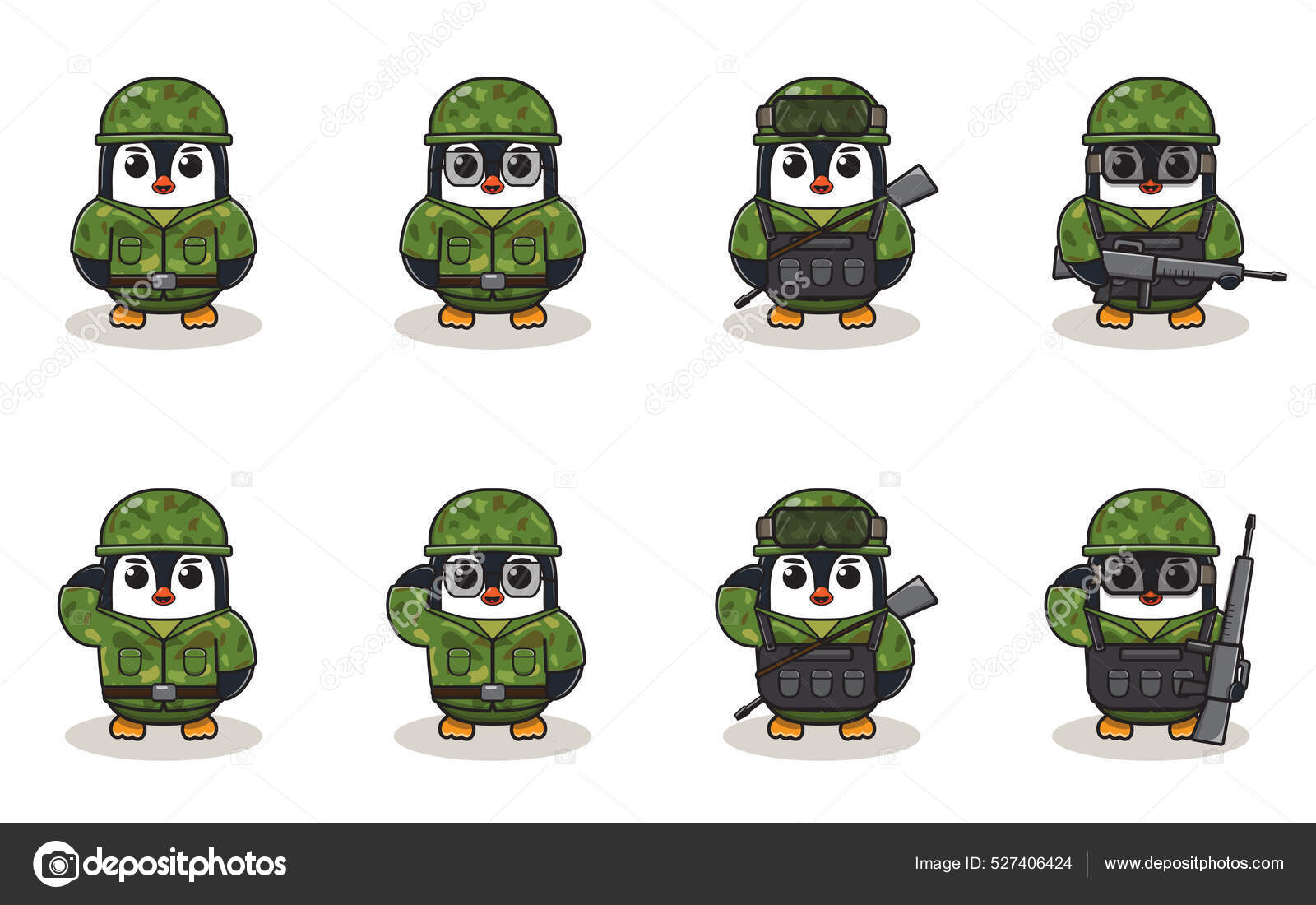 可爱的企鹅军漫画一组动物兵平面动物卡通人物设计孤立的病媒说明图库矢量图©HeerulaArt 527406424, image size:1600x1100