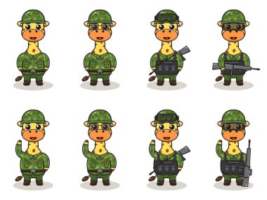 Şirin zürafa ordusu çizgi filmi. Bir grup hayvan asker. yassı hayvan çizgi film karakteri tasarımı. Askerler izole vektör illüstrasyonu.