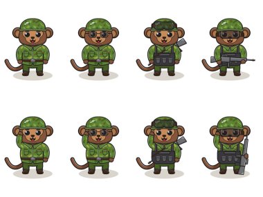 Şirin Maymun Ordusu çizgi filmi. Bir grup hayvan asker. yassı hayvan çizgi film karakteri tasarımı. Askerler izole vektör illüstrasyonu.