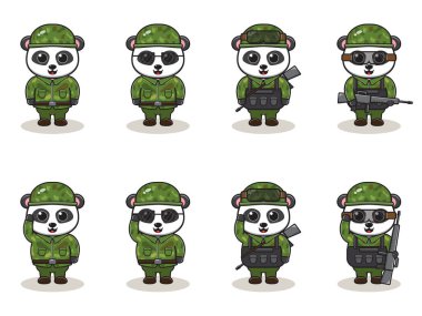 Şirin panda ordusu çizgi filmi. Bir grup hayvan asker. yassı hayvan çizgi film karakteri tasarımı. Askerler izole vektör illüstrasyonu.