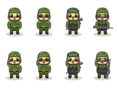 Şirin Tembel Ordu çizgi filmi. Bir grup hayvan asker. yassı hayvan çizgi film karakteri tasarımı. Askerler izole vektör illüstrasyonu.