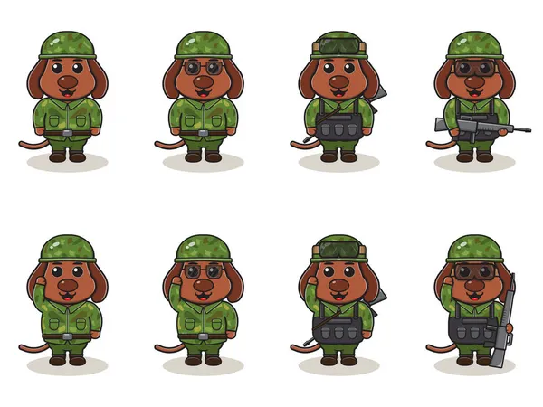 Netter Hund Armee Cartoon Tierische Soldaten Flache Animal Cartoon Charakter — Stockvektor