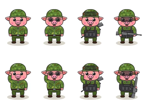 可爱的猪军团漫画 一组动物兵 平面动物卡通人物设计 孤立的病媒说明 — 图库矢量图片