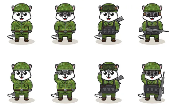 Şirin Kurt Ordusu çizgi filmi. Bir grup hayvan asker. yassı hayvan çizgi film karakteri tasarımı. Askerler izole vektör illüstrasyonu.