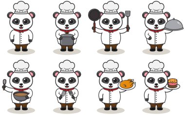 Şef Panda 'nın Vektör Illustration' u. Farklı eylemlerde hayvan şefi karakterinin vektör seti. Şef üniforması içinde sevimli hayvanlar..