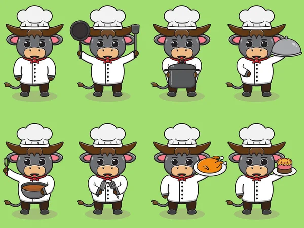 Ilustración Vectorial Dibujos Animados Chef Buffalo Conjunto Vectorial Animal Chef — Vector de stock