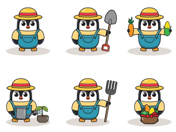 Vektorillustration Des Pinguin Farmer Cartoons Netter Bauerncharakter Mit Strohhut Charakter — Stockvektor