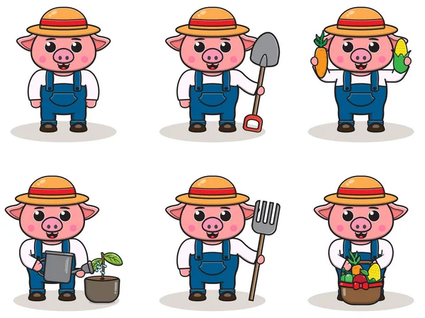 Vektorillustration Des Schweinebauern Cartoons Netter Bauerncharakter Mit Strohhut Charakter Flache — Stockvektor