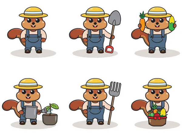 Vektorillustration Des Eichhörnchen Farmer Cartoons Netter Bauerncharakter Mit Strohhut Charakter — Stockvektor