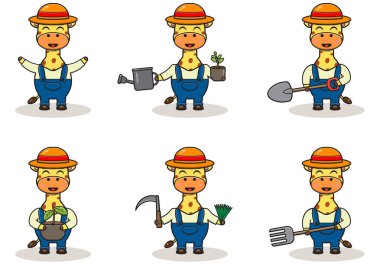 Zürafa çiftçisi çizgi filminin vektör çizimi. Hasır şapkalı şirin zürafa çiftçi karakter tasarımı. Karakter düz tasarımı.