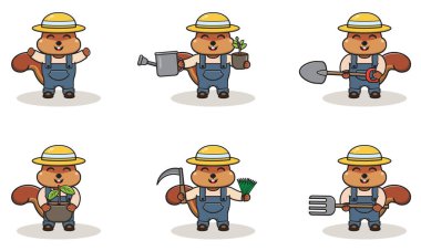 Sincap çiftçisi çizgi filminin vektör çizimi. Hasır şapkalı şirin sincap çiftçi karakteri tasarımı. Karakter düz tasarımı.