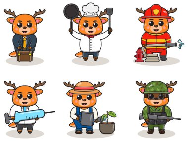 Beyaz arka planda izole edilmiş şirin çizgi film geyiği seti. Farklı mesleklerden şirin geyikli vektör illüstrasyonu. Sevimli iş Hayvan çizgi film paketi seti.