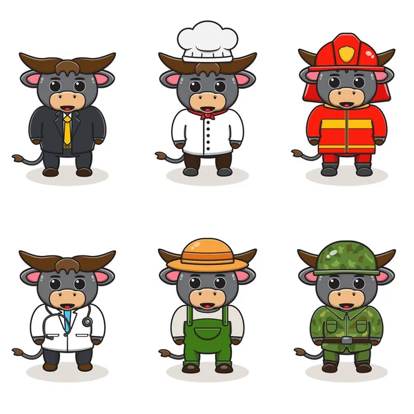 Farklı mesleklerden tatlı bufalolarla vektör illüstrasyonu. Sevimli iş Hayvan çizgi film paketi seti.
