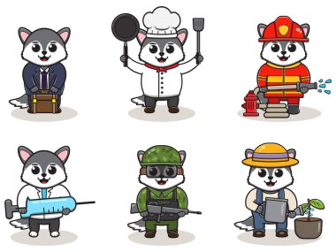 Beyaz bir arka planda izole edilmiş şirin bir kurt çizgi film seti. Farklı mesleklerden şirin Wolf 'la vektör çizimi. Sevimli iş Hayvan çizgi film paketi seti.