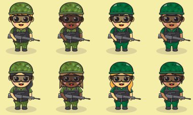 Yelek tutan şirin asker çizgi filminin vektör çizimi. düz çizgi film karakteri tasarımı. Bir grup asker. Şirin ordu çizgi filmi..